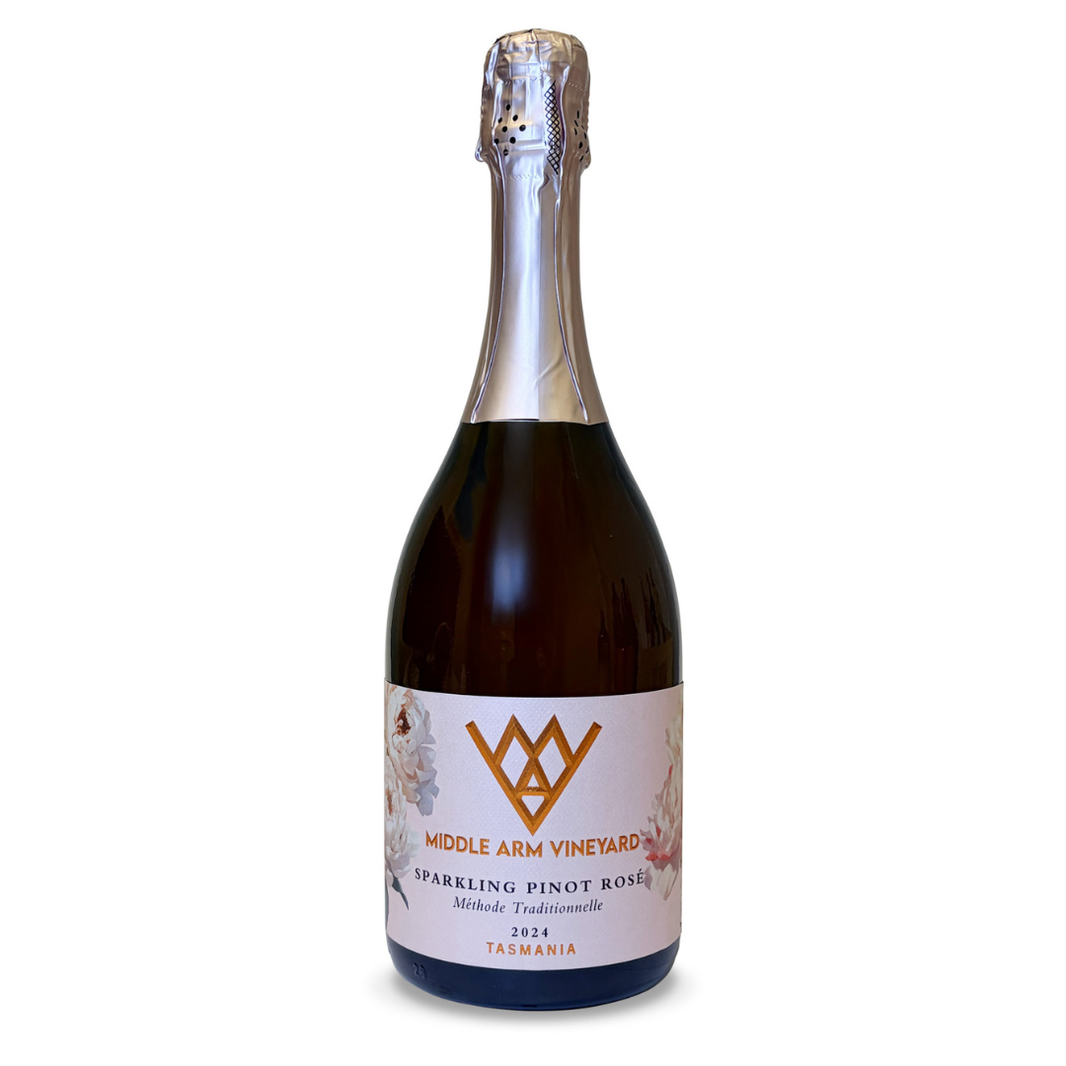 A bottle of Middle Arm Vineyard 2024 Pinot Noir Rosé against a white background