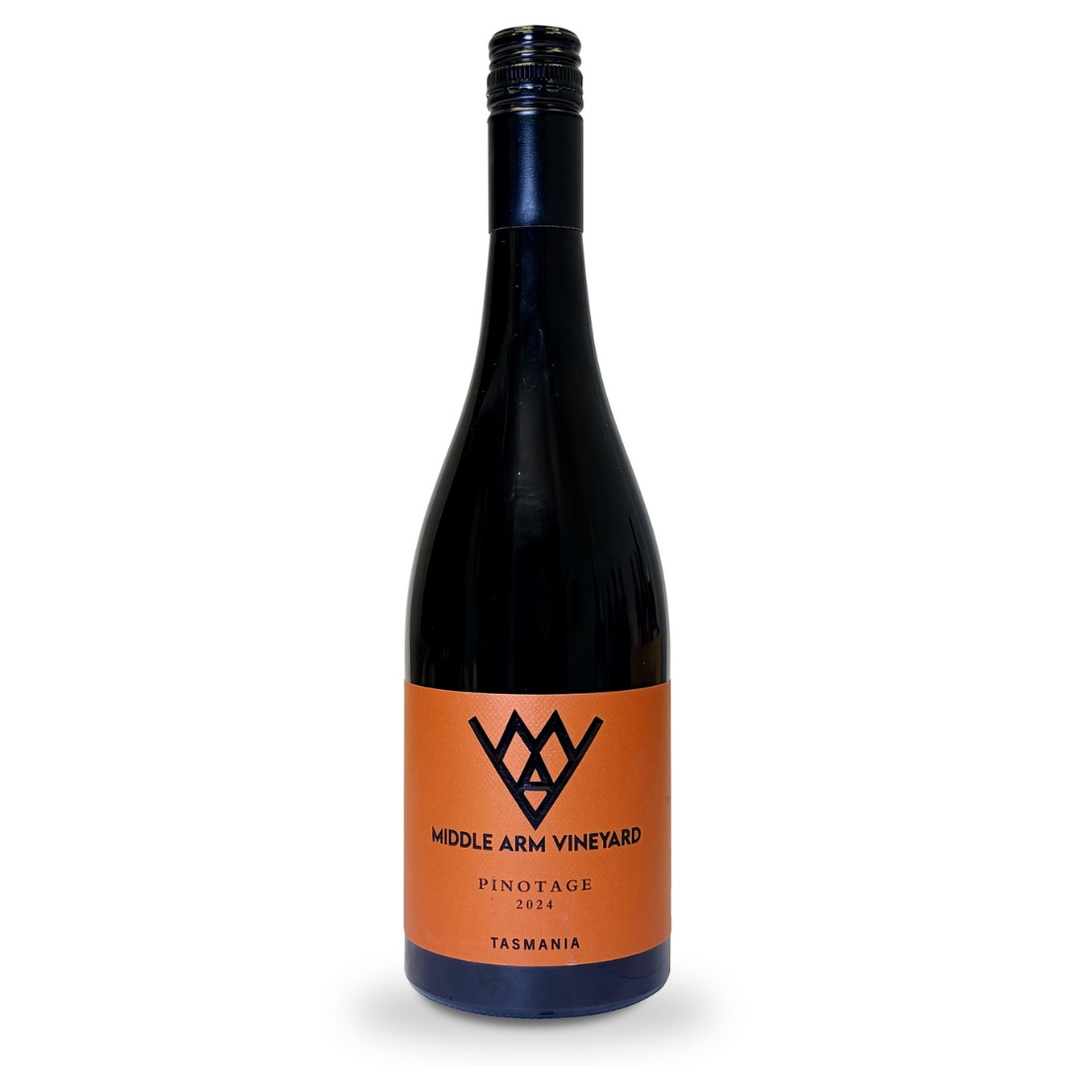A bottle of Middle Arm Vineyard 2024 Pinotage against a white background